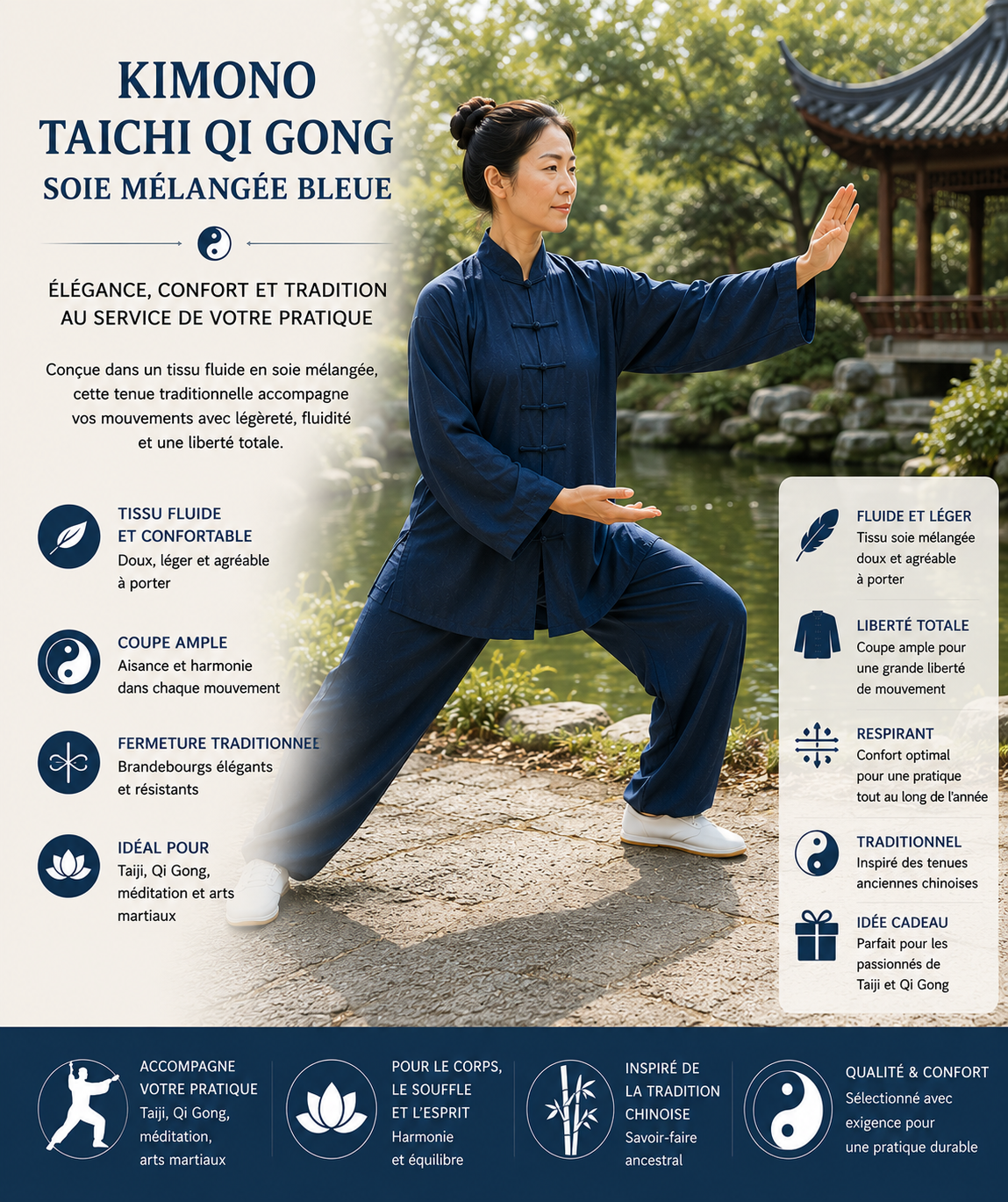  Kimono Taichi Qi gong soie mélangée bleue 