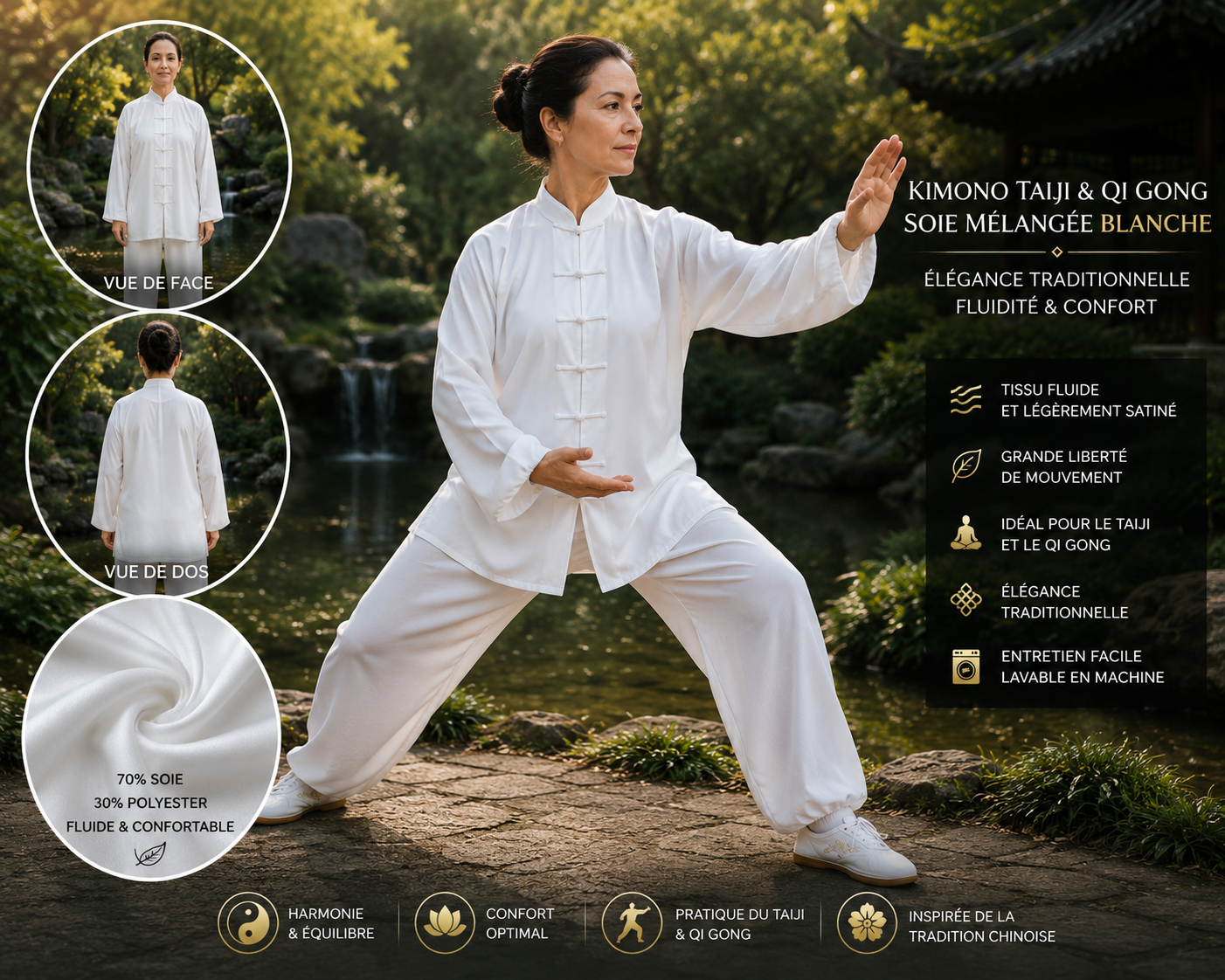 kimono Taichi Qi gong soie mélangée blanche