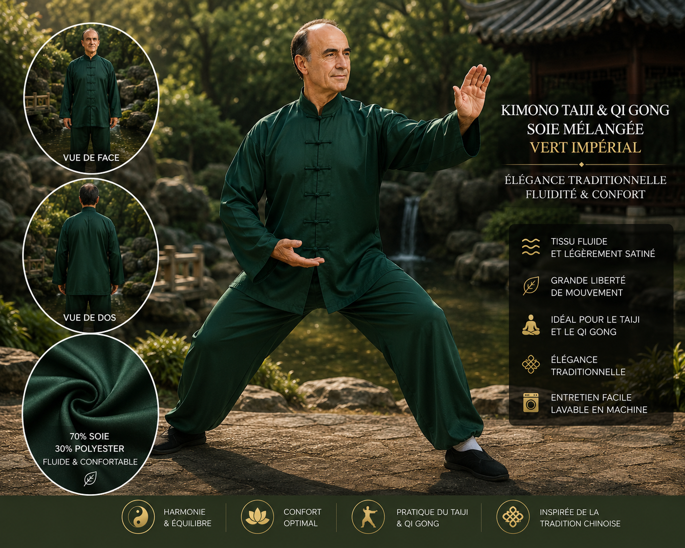 Tenue traditionnelle Taiji & Qi Gong  vert impérial – Soie mélangée