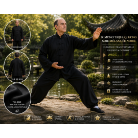 Kimono Taiji & Qi Gong noir en soie m&eacute;lang&eacute;e &ndash; &Eacute;l&eacute;gance et fluidit&eacute;