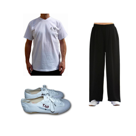 Set pantalon en lin noir + tee-shirt Qi gong blanc + chaussures TAO